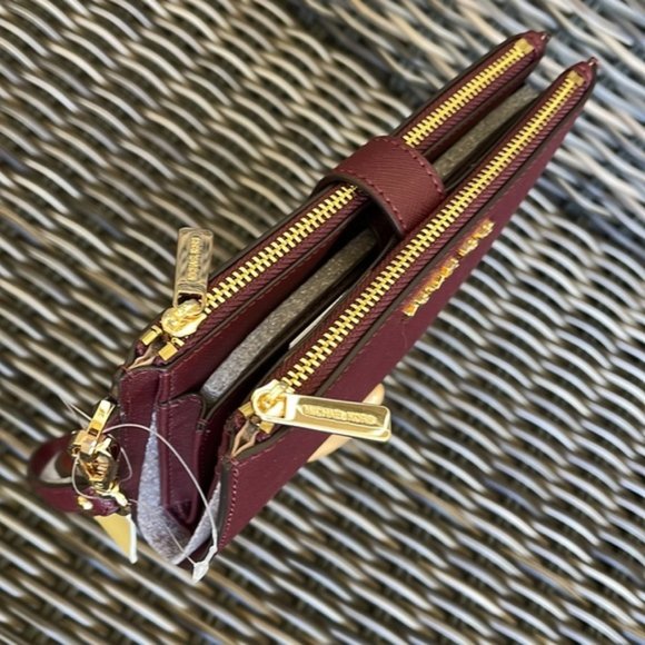 Michael Kors Jet Set Travel Large Double Zip Wristlet Wallet Dark Cherry Leather - Picture 5 of 15
